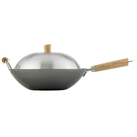 Helen Chen's Asian Kitchen 97005 Flat Bottom Carbon Steel 14 inch Wok Set with Lid by Harold Import Company Inc.