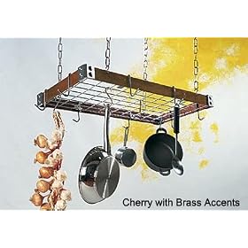 Cherry Wood Rectangle Pot Rack, Brass Accents - (Cherry Brass) by Professional Cookware