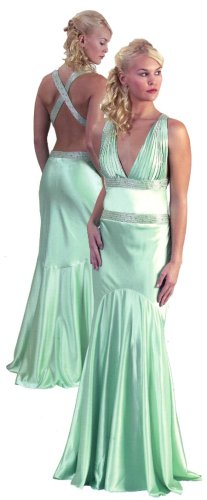 Long Sexy Satin Halter Prom Dress w/Crossover Back and Sequence Trim