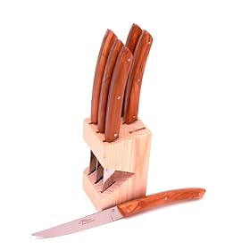 Laguiole Le Thiers Stainless steel steak knives with olive wood handles in wood block set... by Cheese Knives
