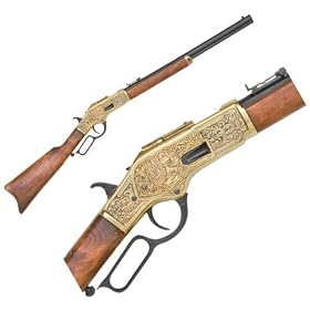 Model 1873 Old West Lever Action Rifle with Engraved Antique Brass Finish - Wood and Metal Prop Replica of Classic Western Long Gun