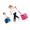 2 children playing with trunki suitcases, girl pulling suitcase with pink lead, boy sitting on trunki suitcase