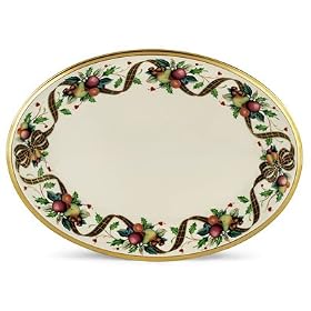 Lenox Holiday Tartan Gold Banded Ivory China 13 Oval Platter by Lenox