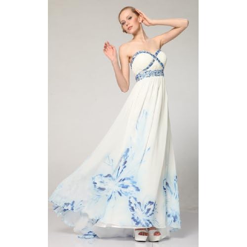2118 PRINT CHIFFON STRAPLESS RHINESTONE TRIM LONG GOWN