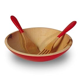 Wooden Salad Bowl - 12 Maple with Red Backside and Matching Salad Utensils by The Bowl Mill