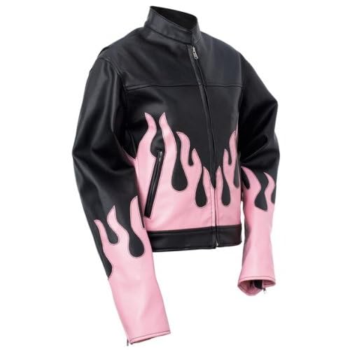 Ladies leather jacket,Ladies Black and Pink Flame Leather Motorcycle Jacket