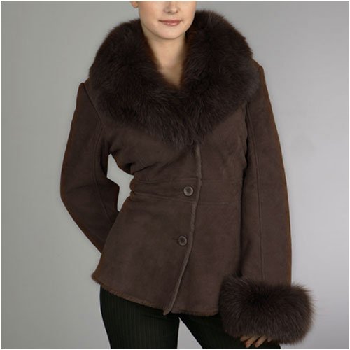 Leather Jacket - Women's Lamb Shearling Coat with Fox Fur Trim