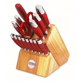 KitchenAid 16-Piece Silicone-Handled Cutlery Set in Traditional Natural Block, Red by KitchenAid