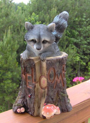 Welcome to my Stump Raccoon & Ladybug Welcome Yard Art