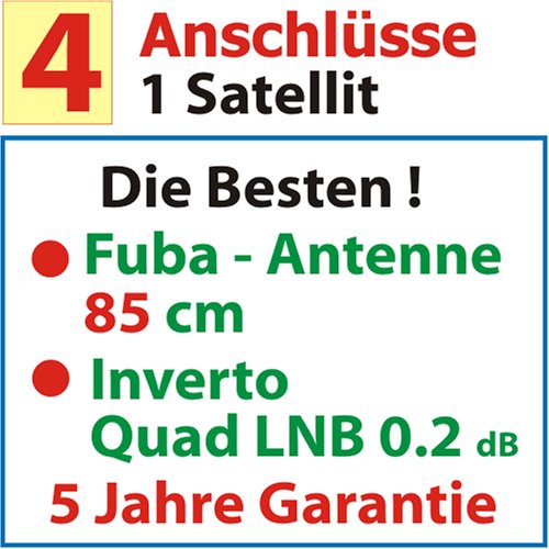 Kompaktanlagen: Komplette Sat - Anlage f�r 4 Anschl�sse : Fuba 85 cm Alu-Spiegel mit Inverto Quad LNB 0.2 dB inkl. Kabel und Stecker ; 5 Jahre Garantie ; HD ready !