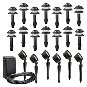 Malibu Outdoor Lighting Kit with Fourteen Tier Lights, Six Floodlights plus 88-Watt Power Pack/Timer, Black