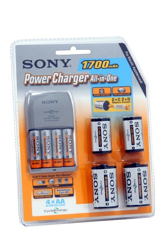 Festplatten: Sony BCG34HLD4S Ladeger�t inkl. NiMH "Mignon AA" (1700mAh) Akku 4er Pack und je 2 Adapter f�r C- und D-Batterien