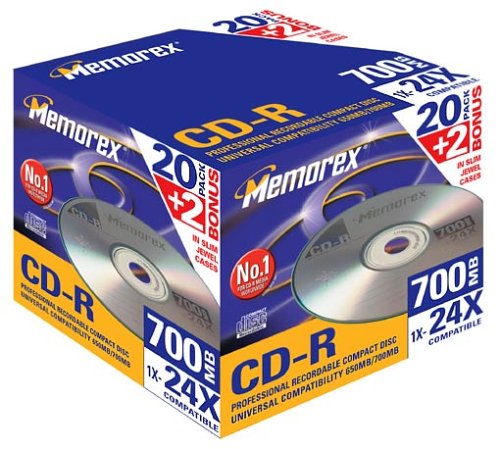 MP3 Player: Memorex CD-Rohlinge CD-R 700MB Slim Jewel Case (max. 24x) 20+2er Pack