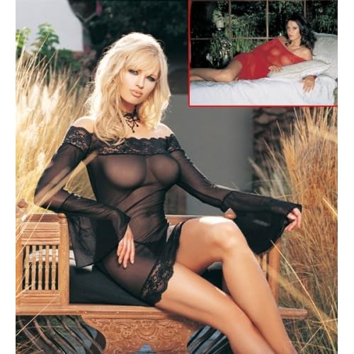 Sexy Woman in Off The Shoulder Bell Sleeves Mesh Mini Dress Lingerie