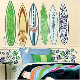 Stick-on surfboard stickers for their wall