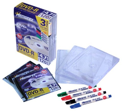 MP3 Player: Memorex DVD-R Starter Kit (mit 3 DVD-R Rohlingen 4,7GB + 3 DVD Super Jewel Cases + 4 DVD Marker Stifte)