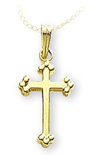 14k Yellow Gold Polished Cross w/ Beaded Ends on 18 Yellow Gold Chain