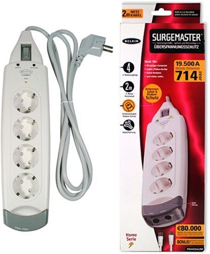 Kamerazubeh&ouml;r: Belkin 4-Fach �berspannungsschutz "SurgeMaster", Home Serie, zus�tzl. Schutz f�r Audio/Video, bis zu 80.000 Euro Garantie f�r angeschl Ger�te, 2m