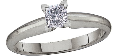 14k White Gold Certified Princess Cut Classic Solitaire Ring (1/3 ct, G, VS2), Size 5