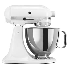 KitchenAid's Artisan stand mixer is a substantial piece of equipment: 325 watts of mixing power make child's play of creaming butter, kneading dough, and whipping cream. The kid in you will appreciate how quick and easy it is to mix up a batch of cookie dough. This model comes with three attachments: a flat beater for making batter, meat loaf, and all textures in-between; a wire whip for egg whites, mayonnaise, and more air-infused creations; and a hook for mixing and kneading yeast doughs. All three are solidly constructed and easily secured to the beater shaft with a simple twist. The bowl itself locks tight to the base. Standing about 15 inches high, jutting out a foot, and weighing more than a grown woman's bowling ball, this stand mixer isn't the sort of appliance you'll wipe down and put away. Better to find a square foot of free counter space for easy access; besides, this machine is as pretty as it is rugged--you'll want to show it off. --Betsy Danheim