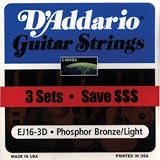 D'Addario EJ16 Phosphor Bronze Light Acoustic Guitar Strings, 3-Pack