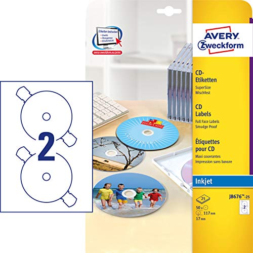 Elektronik und Foto: Avery Zweckform, J8676-25, CD-Etiketten, 25 Blatt, SuperSize-Spezialformat, 2880 dpi, schnell trocknend, spezielbeschichtet, � 117