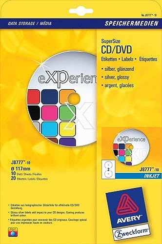 Elektronik und Foto: Avery Zweckform, J8777-10, 10 Blatt, Inkjet CD-Etiketten SuperSize inklusive Zentrierhilfe, Silberglanz (Photo-Qualit�t), � 117