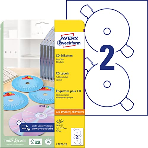 Elektronik und Foto: Avery Zweckform, L7676-25, CD-Etiketten, 25 Blatt, SuperSize-Spezialformat, blickdichtes Beschriften, Archivieren etc. von CDs, � 117