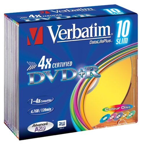 Verst&auml;rker und Receiver: Verbatim DVD+R 4X 4,7GB Colour Surface Slim Case 10er Pack DVD-Rohlinge