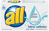 All Fabric Softener Sheets, Free Clear (120 Sheets)