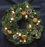 Christmas Pine Wreath with Pinecones, Berrys, Nuts, Snow, & Lights