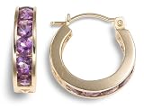 14k Yellow Gold Channel Set Round Amethyst Hoop Earrings