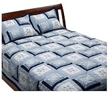 100% Cotton Blue Cross Stitch Log Cabin Full/Queen Quilt Set with Shams
