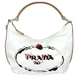 Prada Logoed White Nylon & Leather Hobo Bag