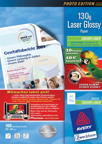Elektronik und Foto: Avery Zweckform 130g Spezialpapier A4 f�r Farblaserdrucker, 100 Blatt, beidseitig beschichtet, hochgl�nzend; Aktion: Fu�ballpunkte sammeln