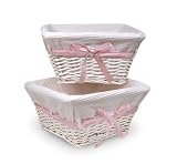 Badger Basket White Wicker Nursery Basket with White Waffle Liner and 4 Ribbons  Set of Two