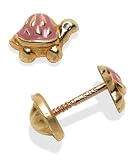 14k Yellow Gold Pink Enamel Children's Turtle Earrings