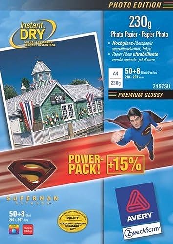Elektronik und Foto: Avery Zweckform 2497 Fotopapier DIN A4 Inkjet hochgl�nzend 230g 50 Blatt + 8 Blatt GRATIS - Design Superman