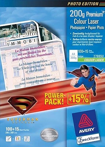 Elektronik und Foto: Avery Zweckform 2798 Fotopapier DIN A4 Color Laser hochgl�nzend 200g 100 Blatt + 15 Blatt GRATIS Design Superman