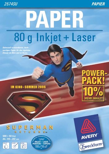 Elektronik und Foto: Avery Zweckform 2574 Inkjet-Laser-Kopier Papier 80g 500 Blatt + 50 Blatt GRATIS Design Superman