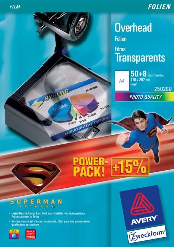 Elektronik und Foto: Avery Zweckform 2502 Overhead-Folie f�r Inkjet-Drucker stapelverarbeitbar DIN A4 50 Blatt + 8 Blatt GRATIS Design Superman