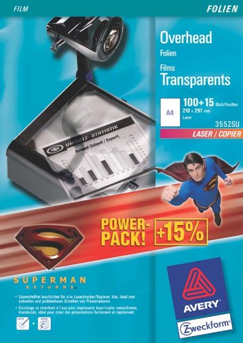 Avery Zweckform 3552 Overhead Folie für Laser+Kopierer stapelverarbeitbar DIN A4 100 Blatt + 15 Blatt GRATIS Design Superman