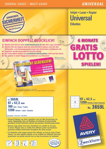 Elektronik und Foto: Avery Zweckform 3659 Universal Etiketten 97x42,3mm f�r Inkjet+Laser+Kopierer wei� Inhalt: 100 Blatt + 6 Monate gratis Lotto spielen