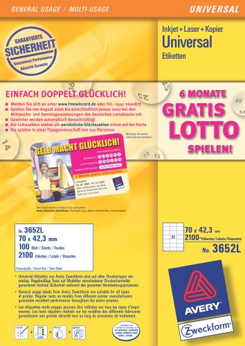 Elektronik und Foto: Avery Zweckform 3652 Universal Etiketten 70x42,3mm f�r Inkjet+Laser+Kopierer wei� Inhalt: 100 Blatt + 6 Monate gratis Lotto spielen