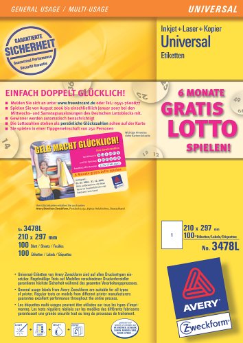 Elektronik und Foto: Avery Zweckform 3478 Universal Etiketten 210x297mm f�r Inkjet+Laser+Kopierer, wei�, Inhalt: 100 Blatt + 6 Monate gratis Lotto spielen