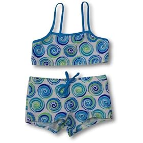 Girls 7-14 Two Piece White Swimsuit With Blue And Green Swirls by Globaltex