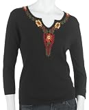 Kikit Womens 3/4 Sleeve Split Neck Embroidered Sweater