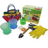 Kids Garden Kit with Mini Trowel, Hoe, Rake, 2 Pots, Spray Bottle, Sunflower Seeds, Gloves and Bag