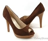 SPLASH Rivet01 Brown Suede Stacked Heel Open Toe Pump