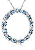 10k White Gold Blue Topaz & Diamond Circle Pendant, 18"